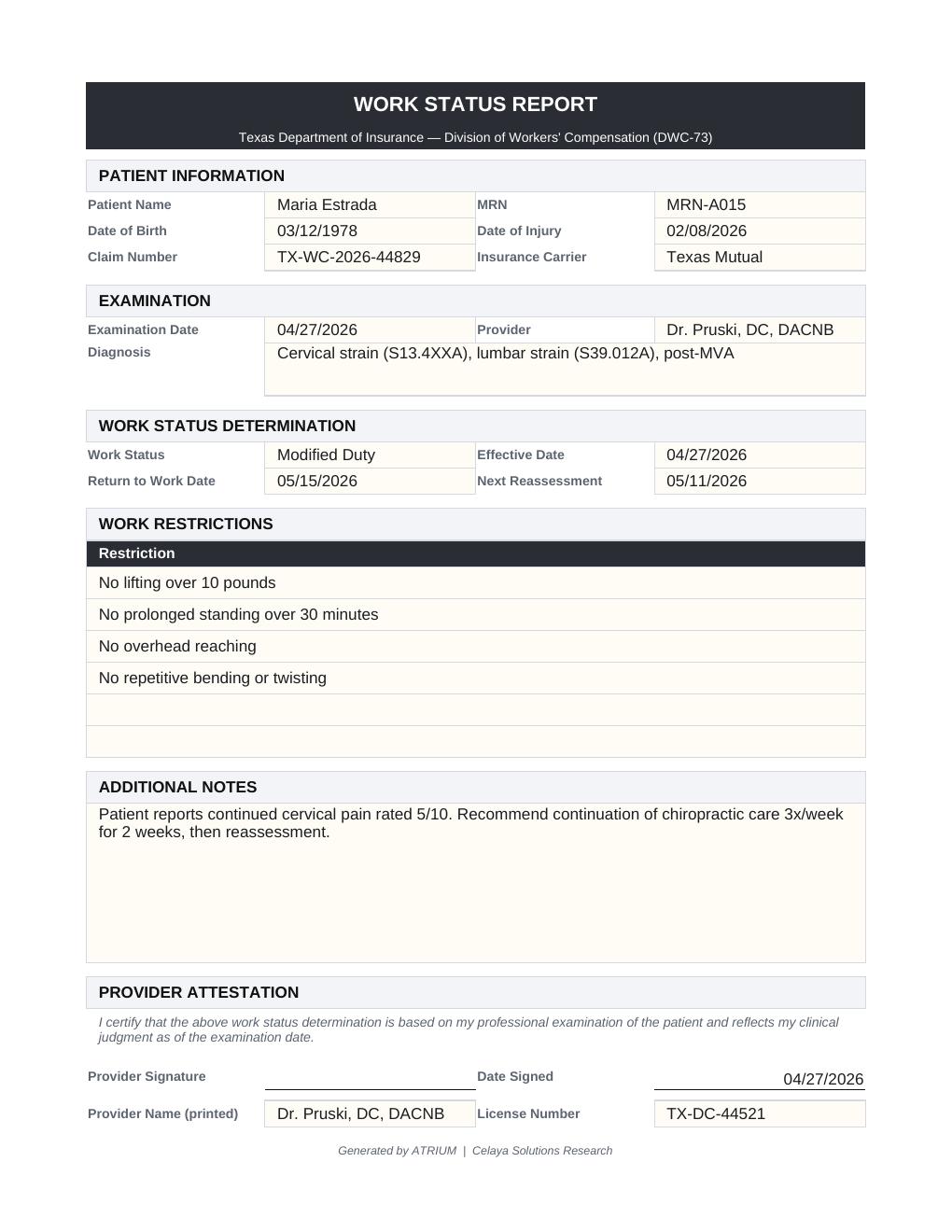 Texas DWC-73 Work Status Report