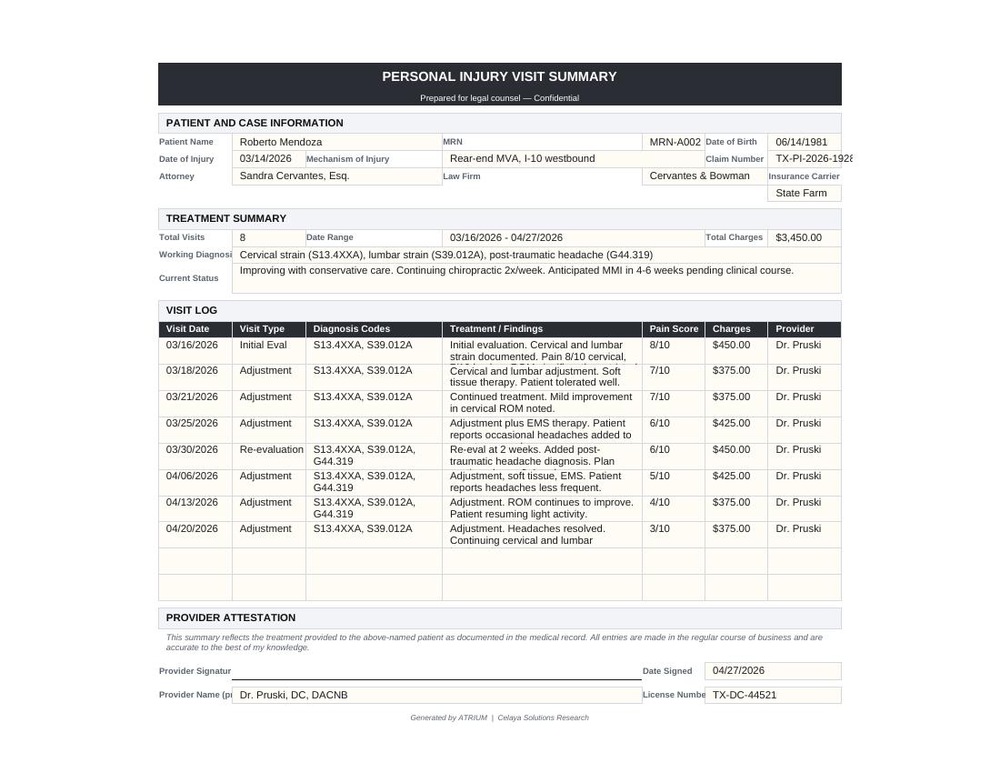 Personal Injury Visit Summary